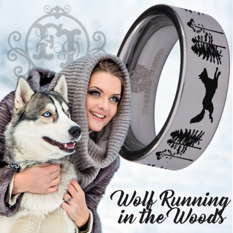 Wolf Running in the Woods Custom Personalize Laser Engrave Tungsten Wedding Band Ring