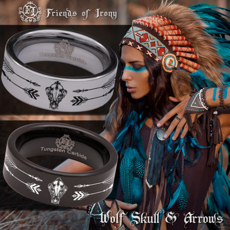 Wolf Skull Arrows Custom Personalize Laser Engrave Tungsten Wedding Band Ring