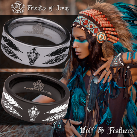 Wolf Skull Feathers Custom Personalize Laser Engrave Tungsten Wedding Band Ring