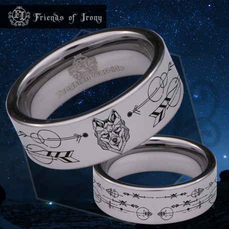 Geometric Wolf Skull Custom Personalize Laser Engrave Tungsten Wedding Band Ring