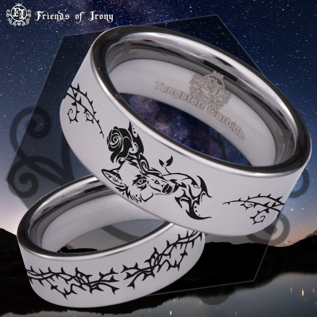 Wolf and Roses Custom Personalize Laser Engrave Tungsten Wedding Band Ring