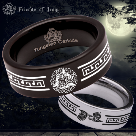 Ancient Wolf and Raven Custom Personalize Laser Engrave Tungsten Wedding Band Ring