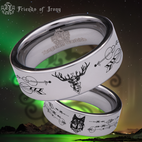 Geometric Wolf and Deer Custom Personalize Laser Engrave Tungsten Wedding Band Ring