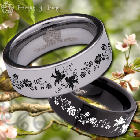 Birds and Flowers Custom Personalize Laser Engrave Tungsten Wedding Band Ring