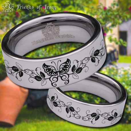Butterfly Rose Custom Personalize Laser Engrave Tungsten Wedding Band Ring