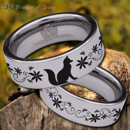 Fox and Flowers Custom Personalize Laser Engrave Tungsten Wedding Band Ring