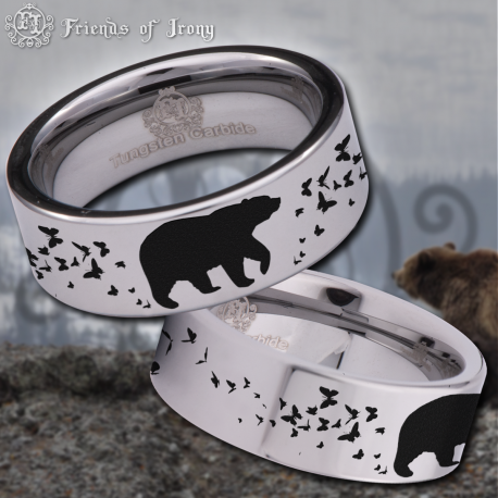 Bear and Butterfly Custom Personalize Laser Engrave Tungsten Wedding Band Ring