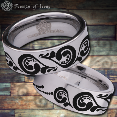 Filigree Swirl Custom Personalize Laser Engrave Tungsten Wedding Band Ring