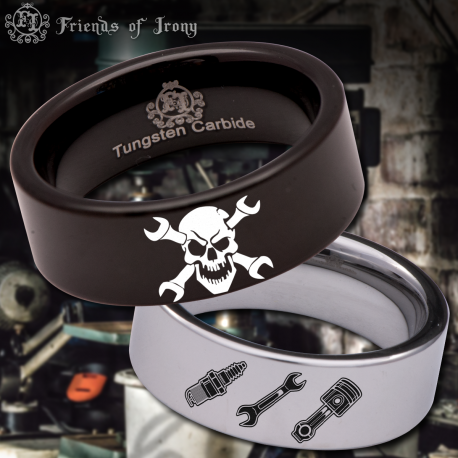Skull Wrench Piston Spark Plug Custom Personalize Laser Engrave Tungsten Wedding Band Ring