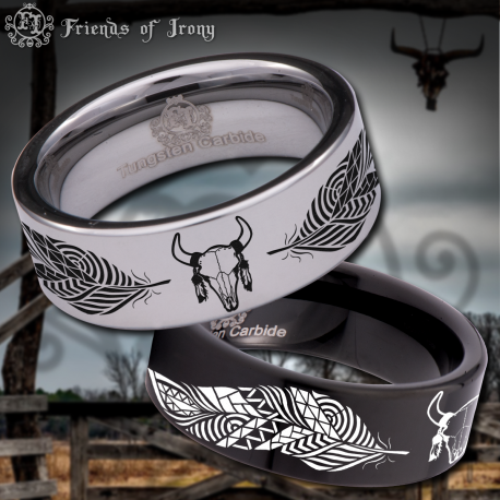 Cow Skull Feathers Custom Personalize Laser Engrave Tungsten Wedding Band Ring