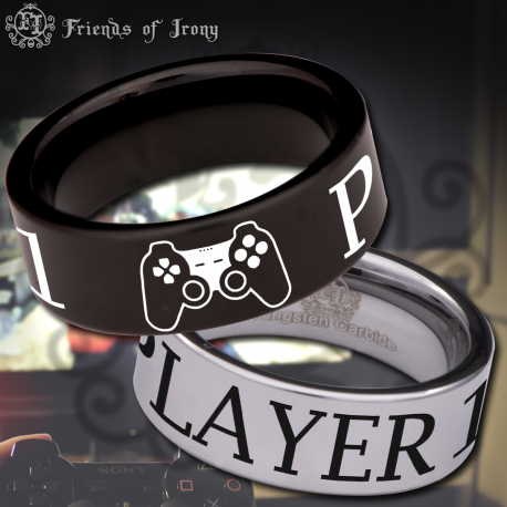 Player 1 Gamer Couple Custom Personalize Laser Engrave Tungsten Wedding Band Ring