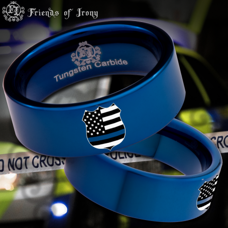 Thin Blue Line Police Flag Badge Custom Personalize Laser Engrave Tungsten Wedding Band Ring