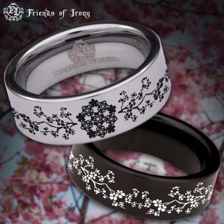 Cherry Blossom Custom Personalize Laser Engrave Tungsten Wedding Band Ring