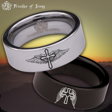 Angel Wings and Cross Custom Personalize Laser Engrave Tungsten Wedding Band Ring