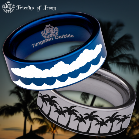 Ocean Waves Clouds Trees Scenery Custom Personalize Laser Engrave Tungsten Wedding Band Ring