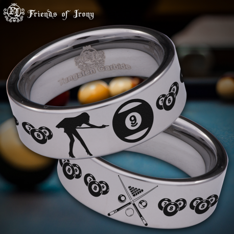 9 Ball Billiards Couple Custom Personalize Laser Engrave Tungsten Wedding Band Ring