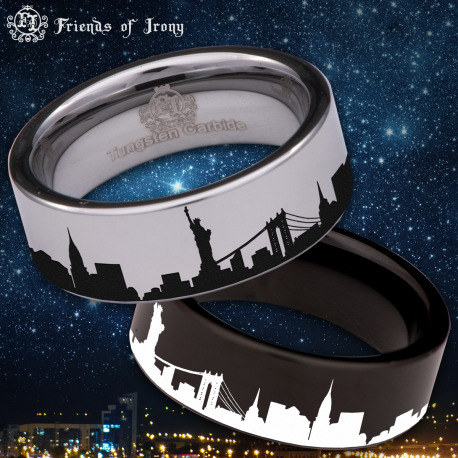 New York Skyline Custom Personalize Laser Engrave Tungsten Wedding Band Ring