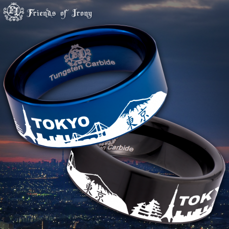 Tokyo Skyline Custom Personalize Laser Engrave Tungsten Wedding Band Ring