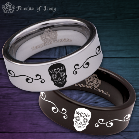 Sugar Skull Custom Personalize Laser Engrave Tungsten Wedding Band Ring
