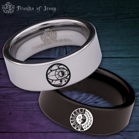 Celestial Sun and Moon Custom Personalize Laser Engrave Tungsten Wedding Band Ring
