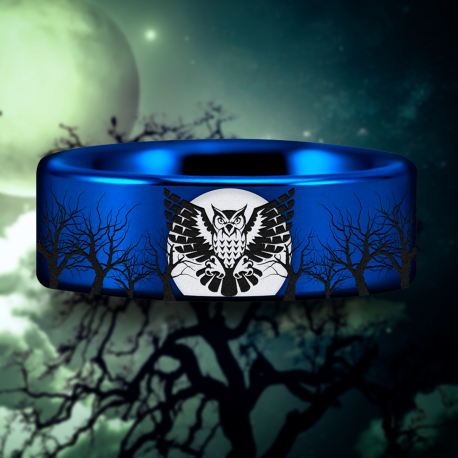 Owl and Trees Custom Personalize Laser Engrave Tungsten Wedding Band Ring