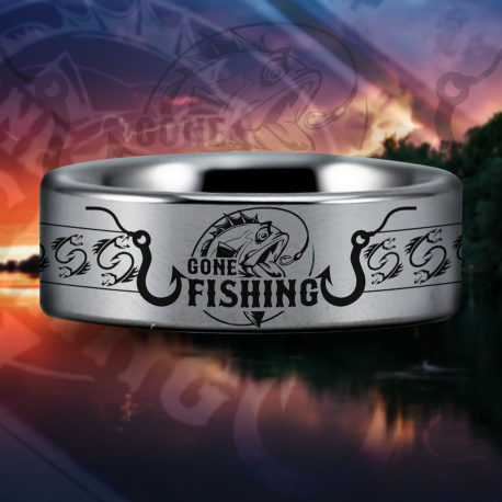 Gone Fishing Custom Personalize Laser Engrave Tungsten Wedding Band Ring