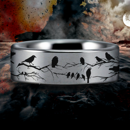 Raven and Branches Custom Personalize Laser Engrave Tungsten Wedding Band Ring