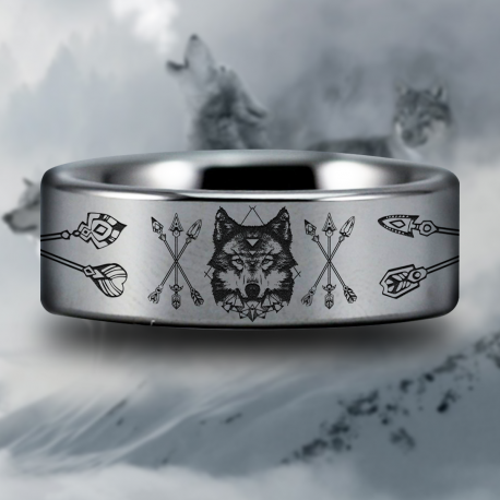 Wolf and Arrows Custom Personalize Laser Engrave Tungsten Wedding Band Ring