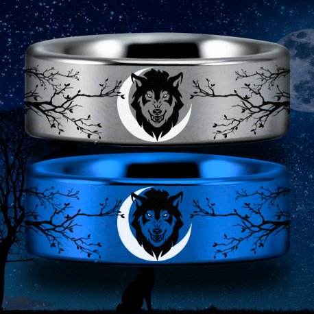 Wolf and Trees Style 1 Custom Personalize Laser Engrave Tungsten Wedding Band Ring