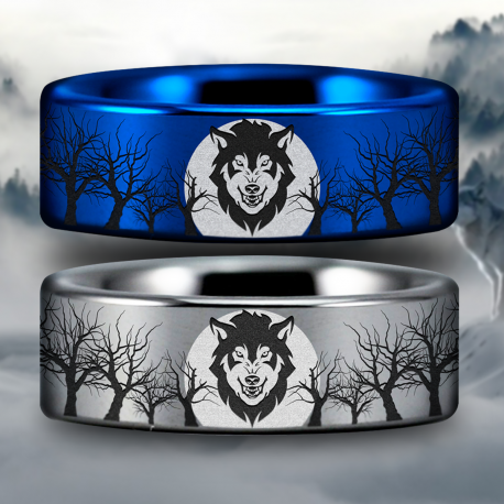 Wolf and Trees Style 2 Custom Personalize Laser Engrave Tungsten Wedding Band Ring