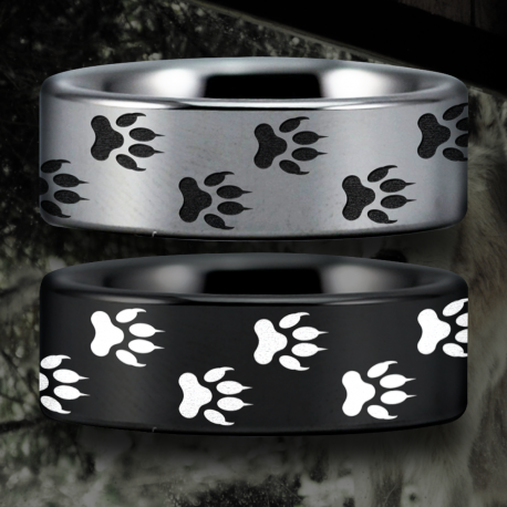 Wolf Paw Print Custom Personalize Laser Engrave Tungsten Wedding Band Ring