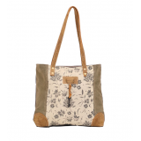Myra Bag Unique Key Upcycled Canvas & Cowhide Tote Hand Bag