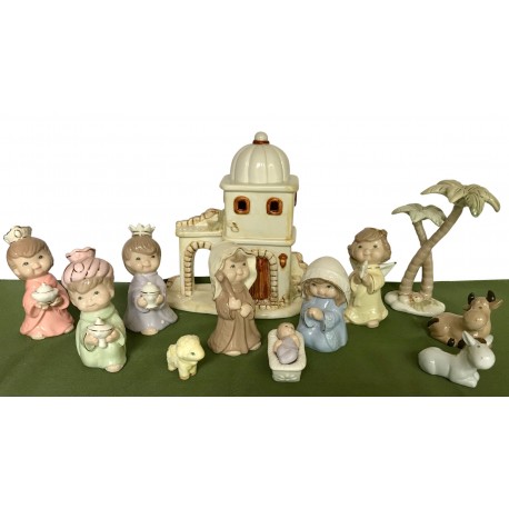 Porcelain Nativity set with Jesus, Mary, Joseph, Crib, Angel, Wise Men, Animals, Palm trees, and Inn