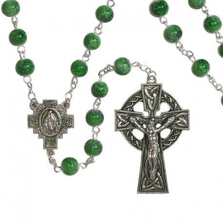 Green Irish Celtic Marble Rosary and Holy Card