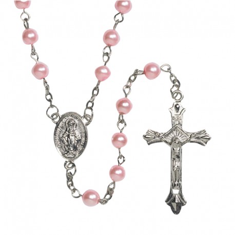 Pink Imitation Pearl Rosary with White Rosary Case