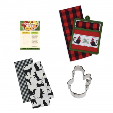 Holly Lines Meowy Catmas Tea Towels Pot Holder Cookie Cutter and Recipes Bundle, Cats Meow Silhouettes 100% Cotton Kitchen Towels, Pot Holder and Cute Towel Set, Christmas Cookie Cutter, Recipes