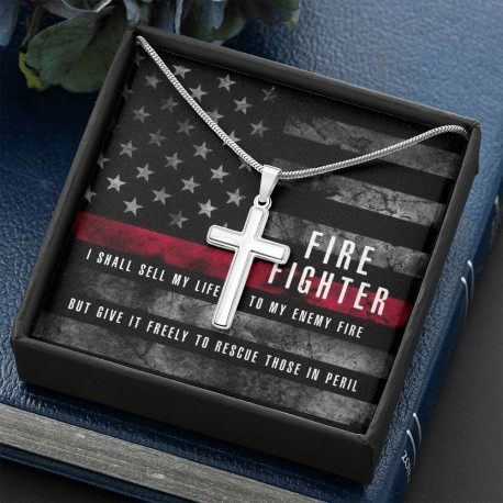 Firefighter, I Shall Sell My Life To My Enemy Fire Polished Stainless Steel Christian Cross