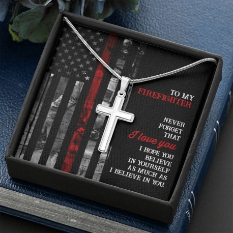 To My Firefighter Never Forget That I love You Polished Stainless Steel Christian Cross With Snake Chain Necklace