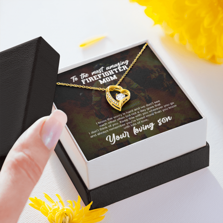 Amazing Firefighter Mom Forever Love Necklace with Message Card (18k Yellow Gold Finish)