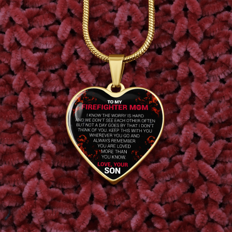 Firefighter Mom From Son 18k Yellow Gold Finish Heart Pendant With Snake Chain Necklace
