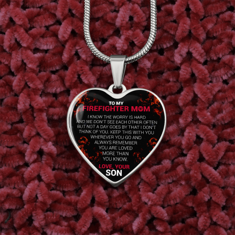 Firefighter Mom From Son Stainless Surgical Steel Heart Pendant With Snake Chain