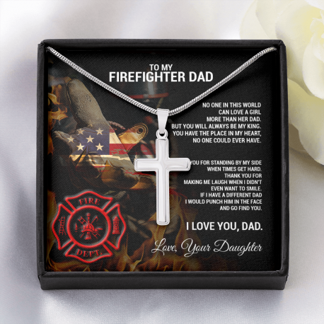 To My Firefighter Dad Polished Stainless Steel Christian Cross With Snake Chain