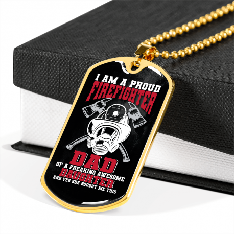 I Am a Proud Firefighter Dad 18k Gold Finish With Ball Chain Dog Tag Necklace