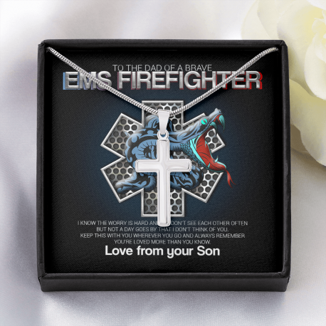 To The Dad of a Brave EMS Firefighter Polished Stainless Steel Christian Cross With Snake Chain Necklace