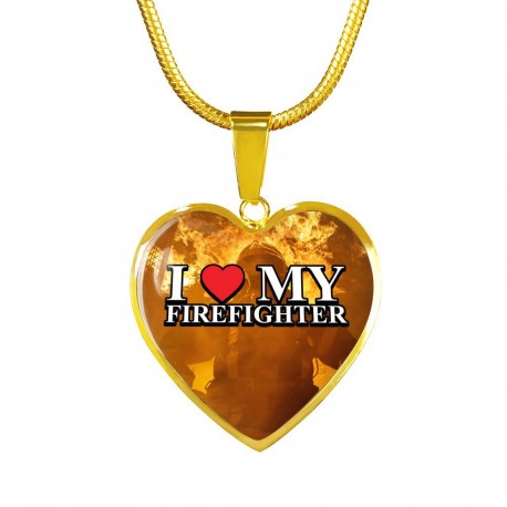I Love My Firefighter 18k Yellow Gold Finish Heart Pendant With Snake Chain Necklace