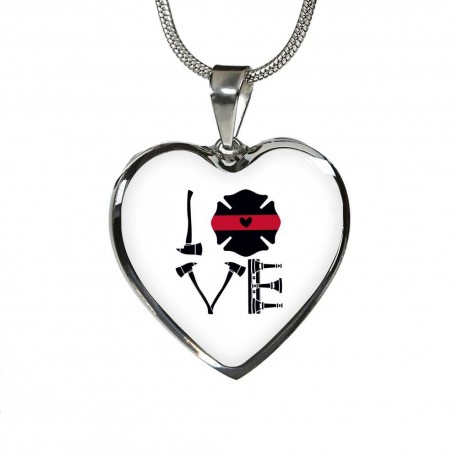 LOVE- Thin Red Line Of Courage Stainless Surgical Steel Heart Pendant Necklace With Snake Chain