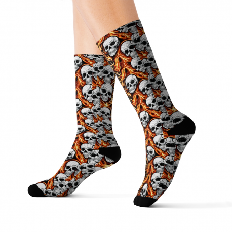 Skull Fire Fleece Lining Cushioned Bottom Crew Socks