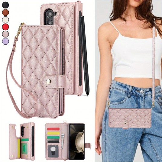 PU Leather Flip Wallet Case For Samsung Galaxy Z Fold 6 5 4 3 5G With Holder Crossbody Wrist Strap Card Slot Stand Phone Cover