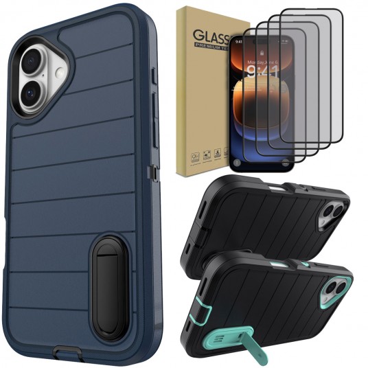 For iPhone 16/Pro/Pro Max/Plus Case Kickstand Cover And 4pcs Full Coverage Tempered Glass Screen Protectors Case Friendly Clear