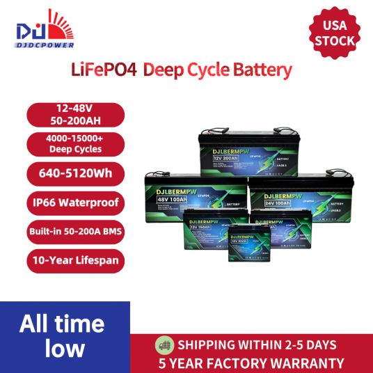 DJLBERMPW LiFePO4 Battery Solar System Home 12-48V 50-200Ah Lithium Iron Phosphate Batteries for RV Golf Carts Trolling Motor